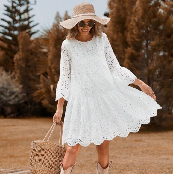 Eyelet Embroidery Flounce Sleeve Ruffle Hem Smock Flattering Dress - Picture 1 of 6